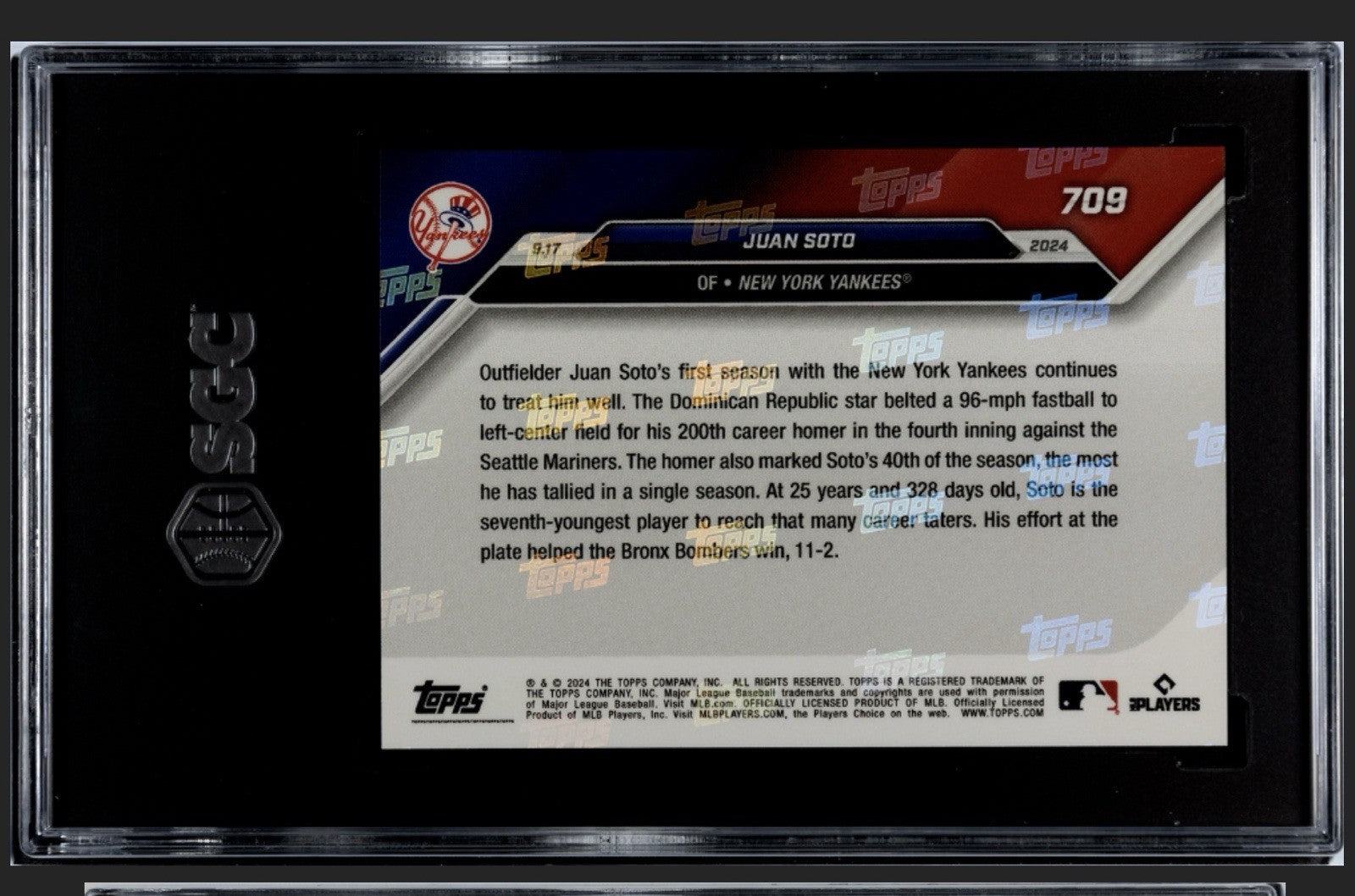 2024 Topps Now #709 Juan Soto MLB NY Yankees/Mets 7th Youngest to 200 HRs SGC 10