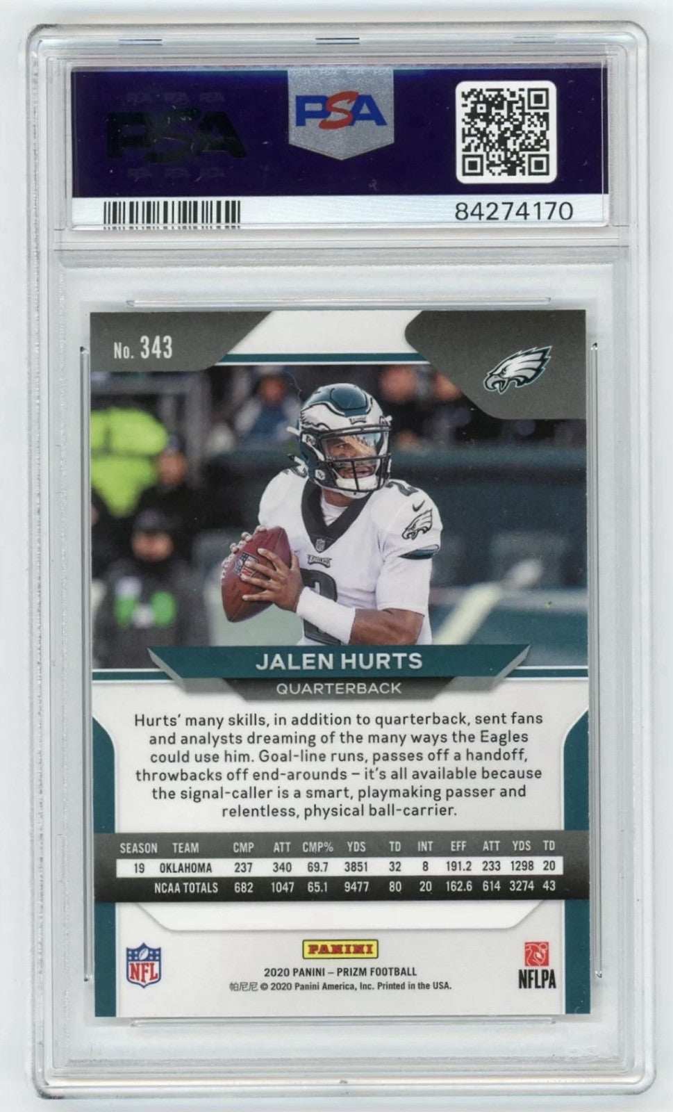 Jalen Hurts RC 2020 Panini Prizm Card #343 PSA 10 Gem Mint Philadelphia Eagles rookie football card