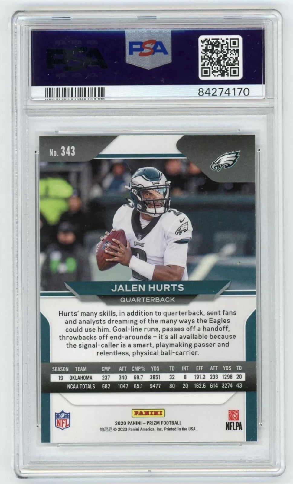 Jalen Hurts RC 2020 Panini Prizm Card #343 - NFL Eagles Champs - PSA 10 GEM MINT