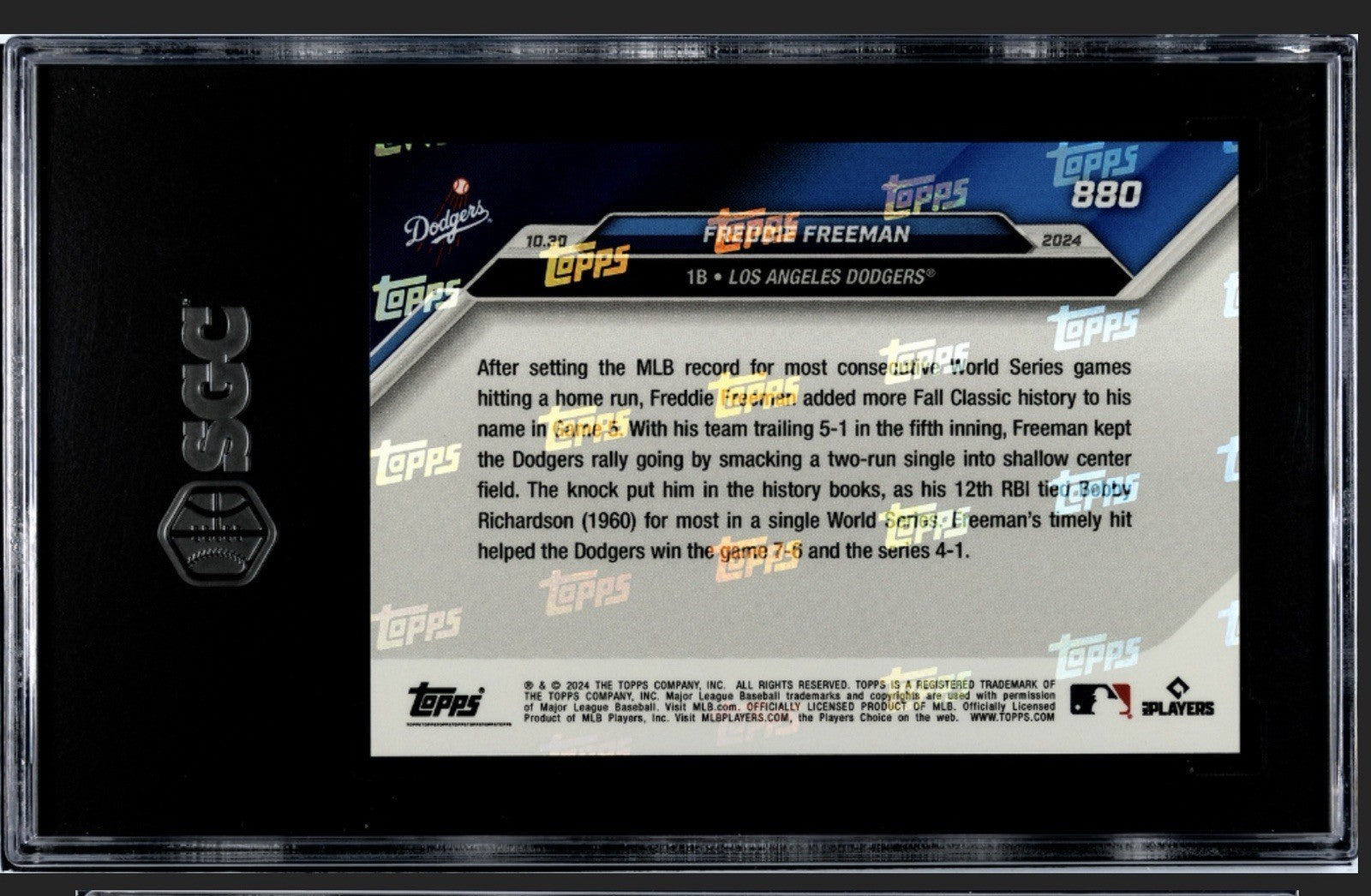 Freddie Freeman 12 RBIs 2024 MLB Topps NOW LA Dodgers World Series #880 SGC 9.5*