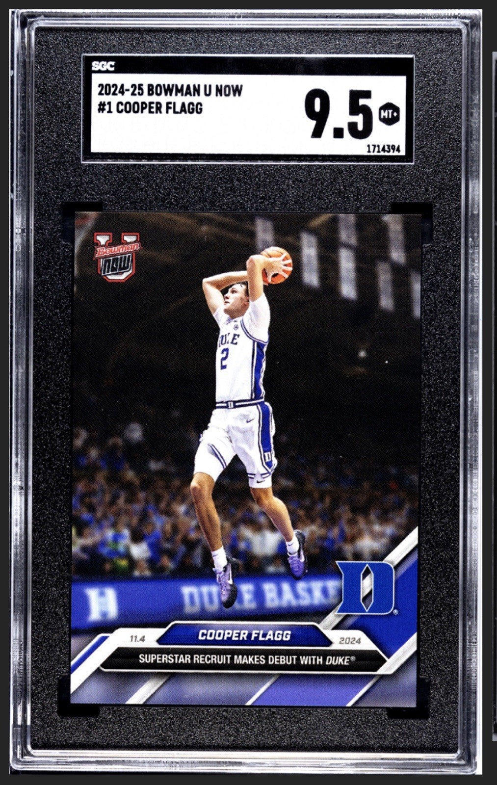 Cooper Flagg RC* 2024 Bowman U Now #1 Debut Duke Blue Devils ROOKIE Card SGC 9.5