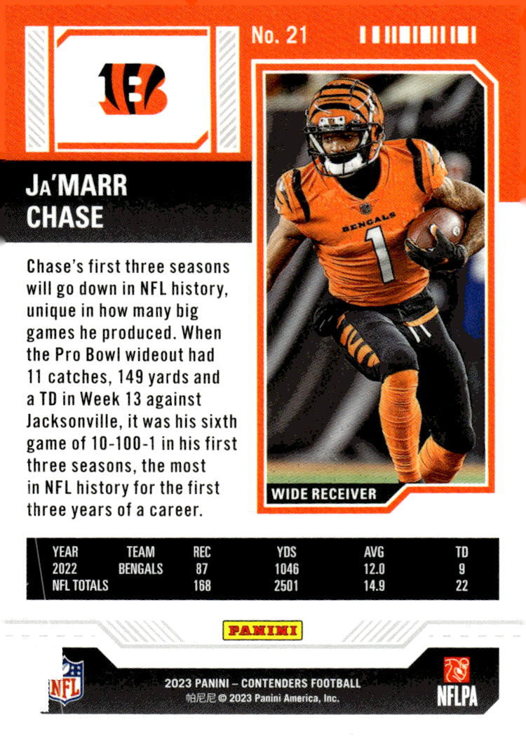 2023 Panini Contenders Card #21 Ja'Marr Chase Season Ticket Retail - NFL Bengals
