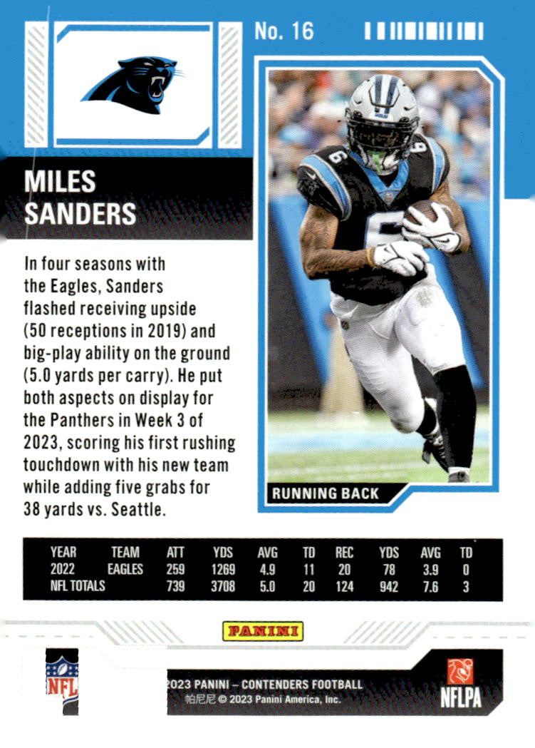 2023 Panini Contenders Card #16 Miles Sanders* Season Ticket Retail NFL Panthers