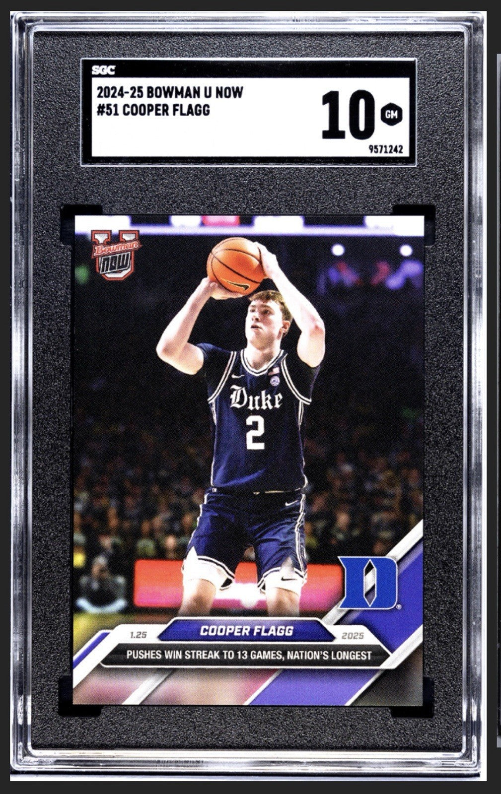 Cooper Flagg RC 2024-25 Bowman U Now - Pushes Win streak to 13 - Card #51 SGC 10