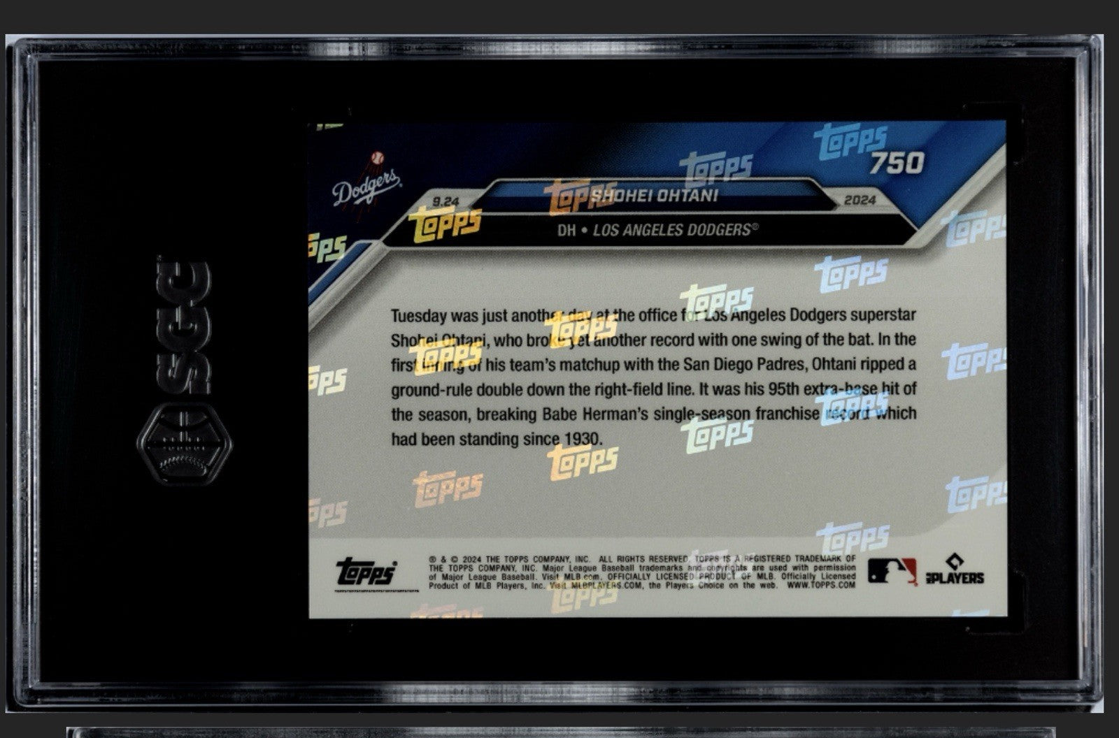 1/25 2024 Topps Now Shohei Ohtani Card #750 Shatters Dodgers XBH Record! - SGC 9