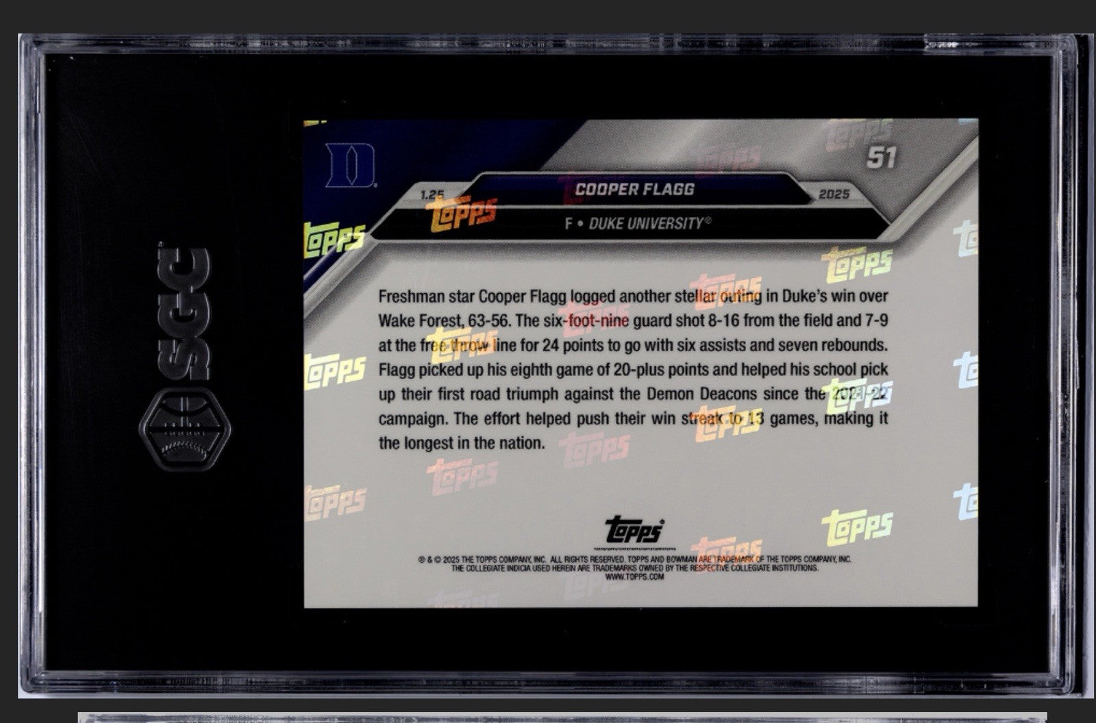 Cooper Flagg RC* 2024-25 Bowman U Now - Pushes Win streak to 13 - Card #51 SGC 9