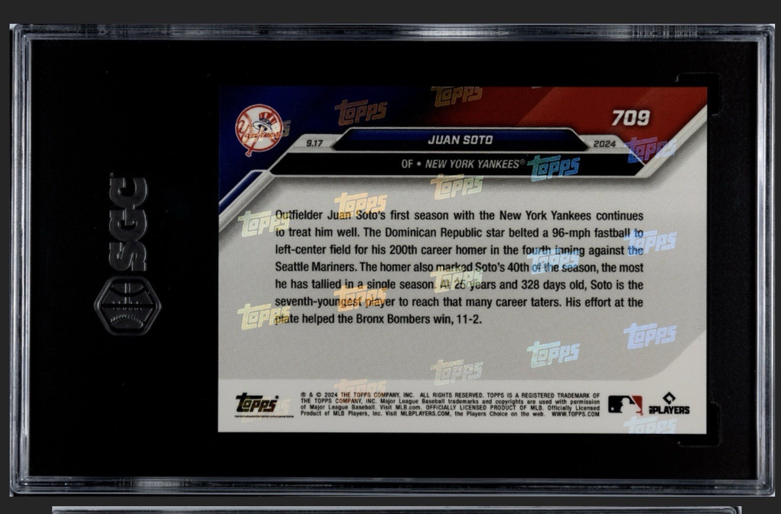 2024 Topps Now #709 Juan Soto MLB NY Yankees/Mets 7th Youngest to 200 HR SGC 9.5