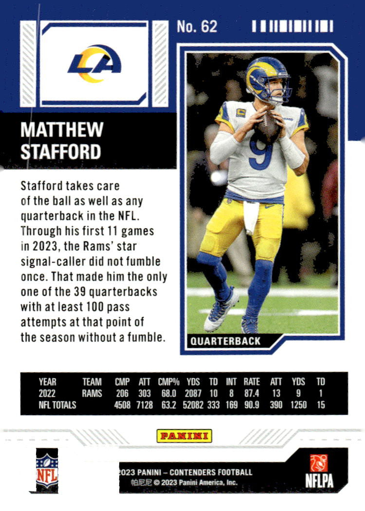 2023 Panini Contenders #62 Matthew Stafford Game Ticket Red NFL Los Angeles Rams