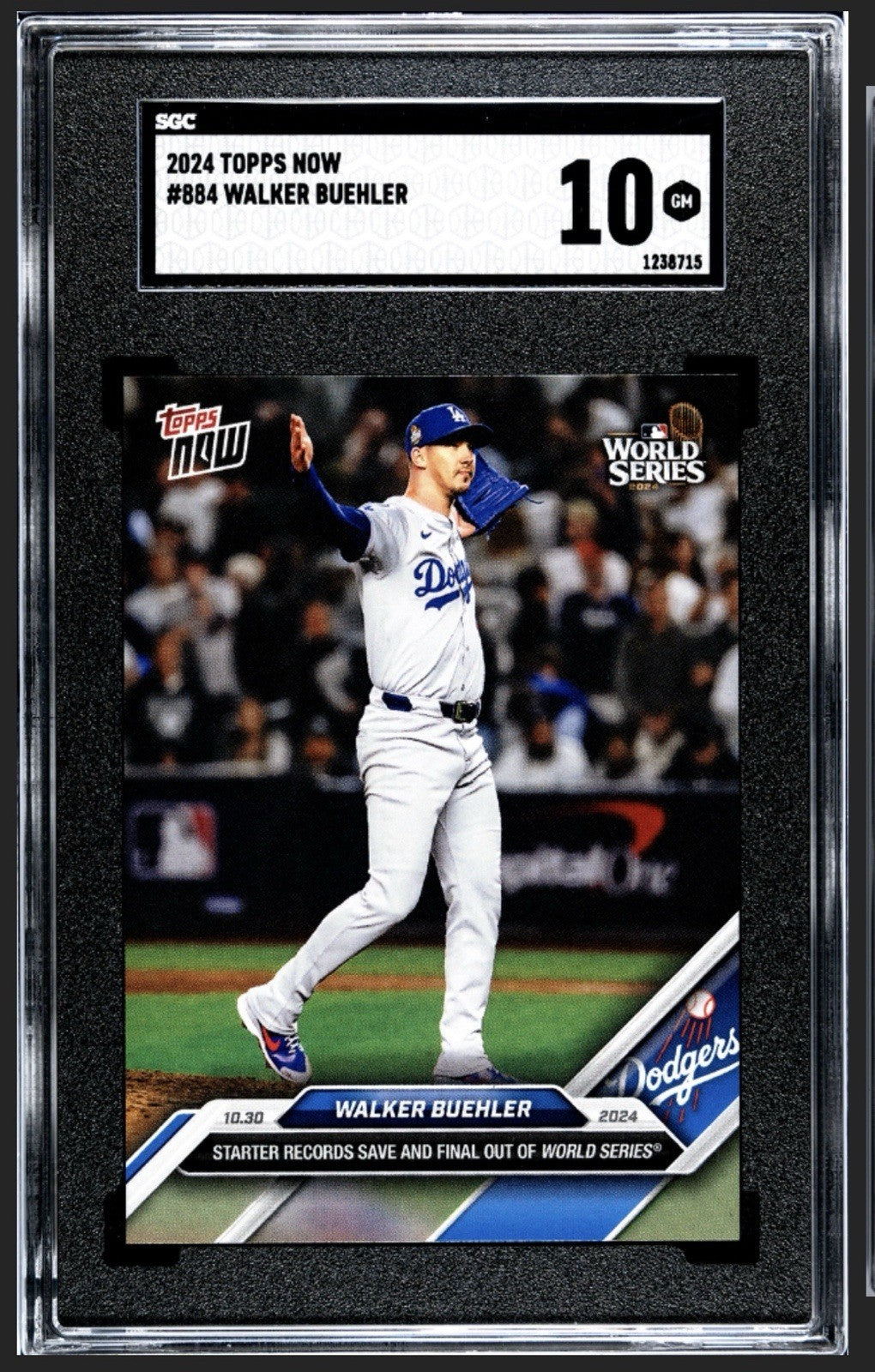 Walker Buehler WORLD SERIES Save/Final OUT 2024 MLB Topps NOW Dodgers 884 SGC 10