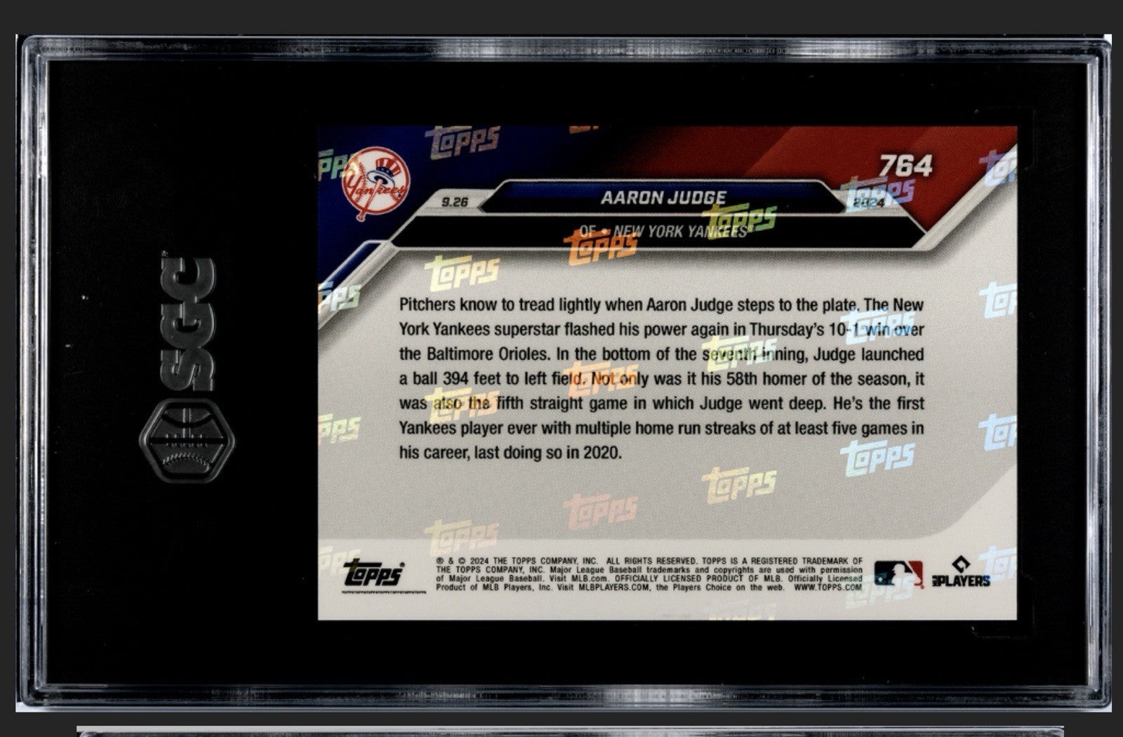 2024 Topps Now Aaron Judge* MLB NY Yankees HR 58 Streak to 5 Games #764 - SGC 10