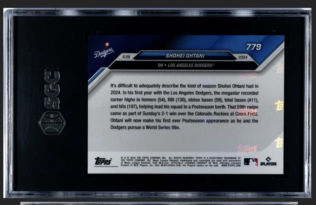 Shohei Ohtani 2024 Topps NOW #779 LA Dodgers trading card graded 9.5 Gem Mint with 59th stolen base feature