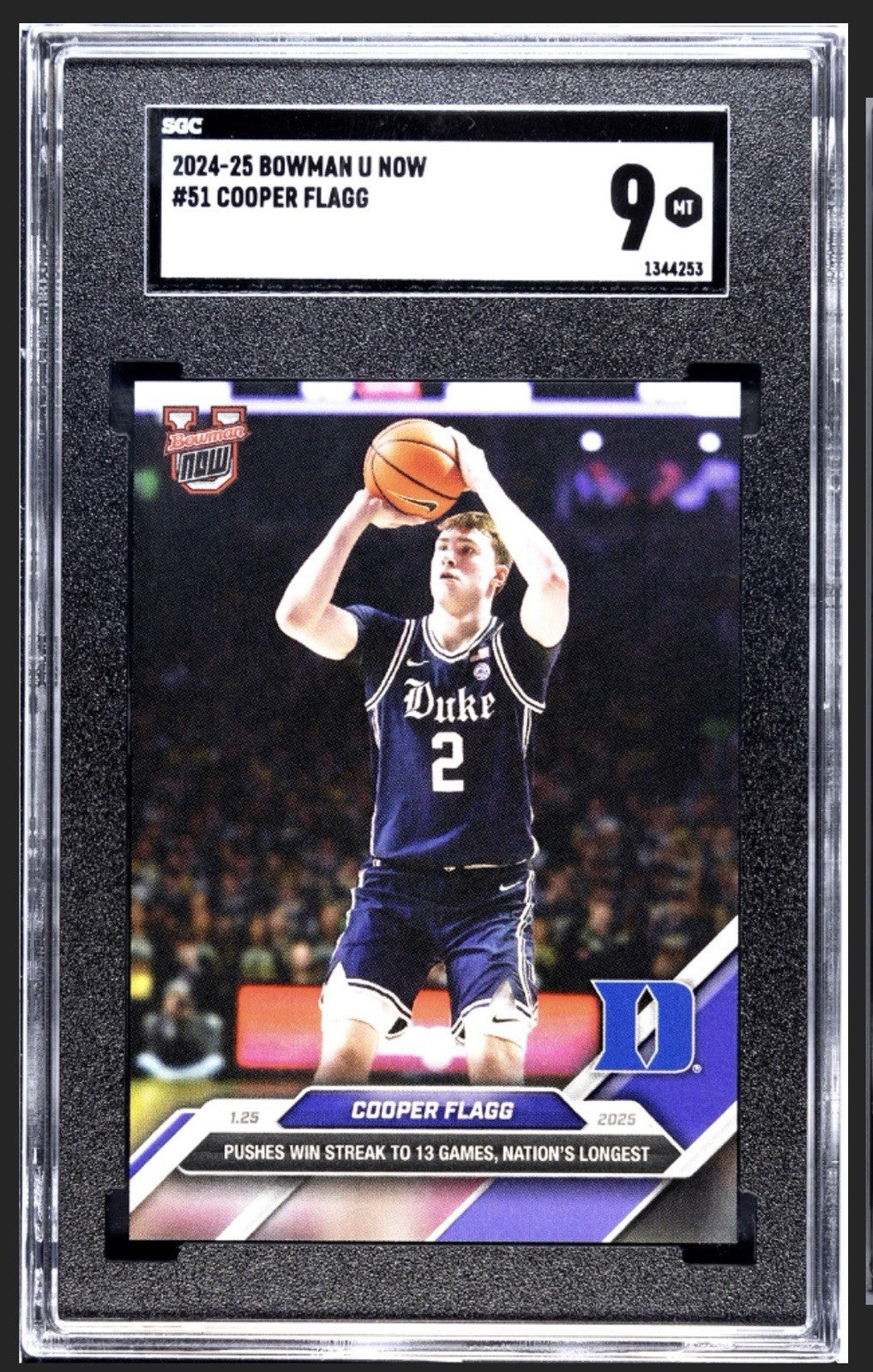 Cooper Flagg RC* 2024-25 Bowman U Now - Pushes Win streak to 13 - Card #51 SGC 9