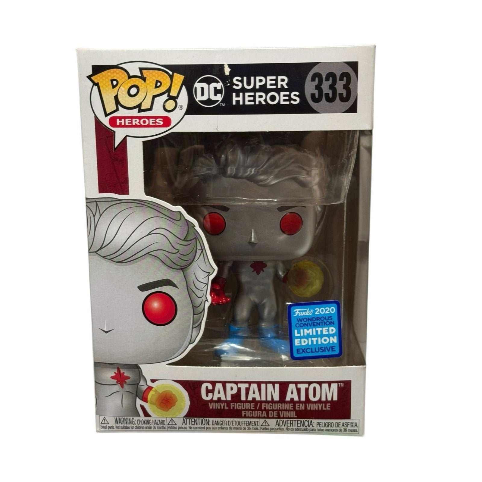 Captain Atom Funko Pop 333 limited edition metallic figure with red energy details in packaging