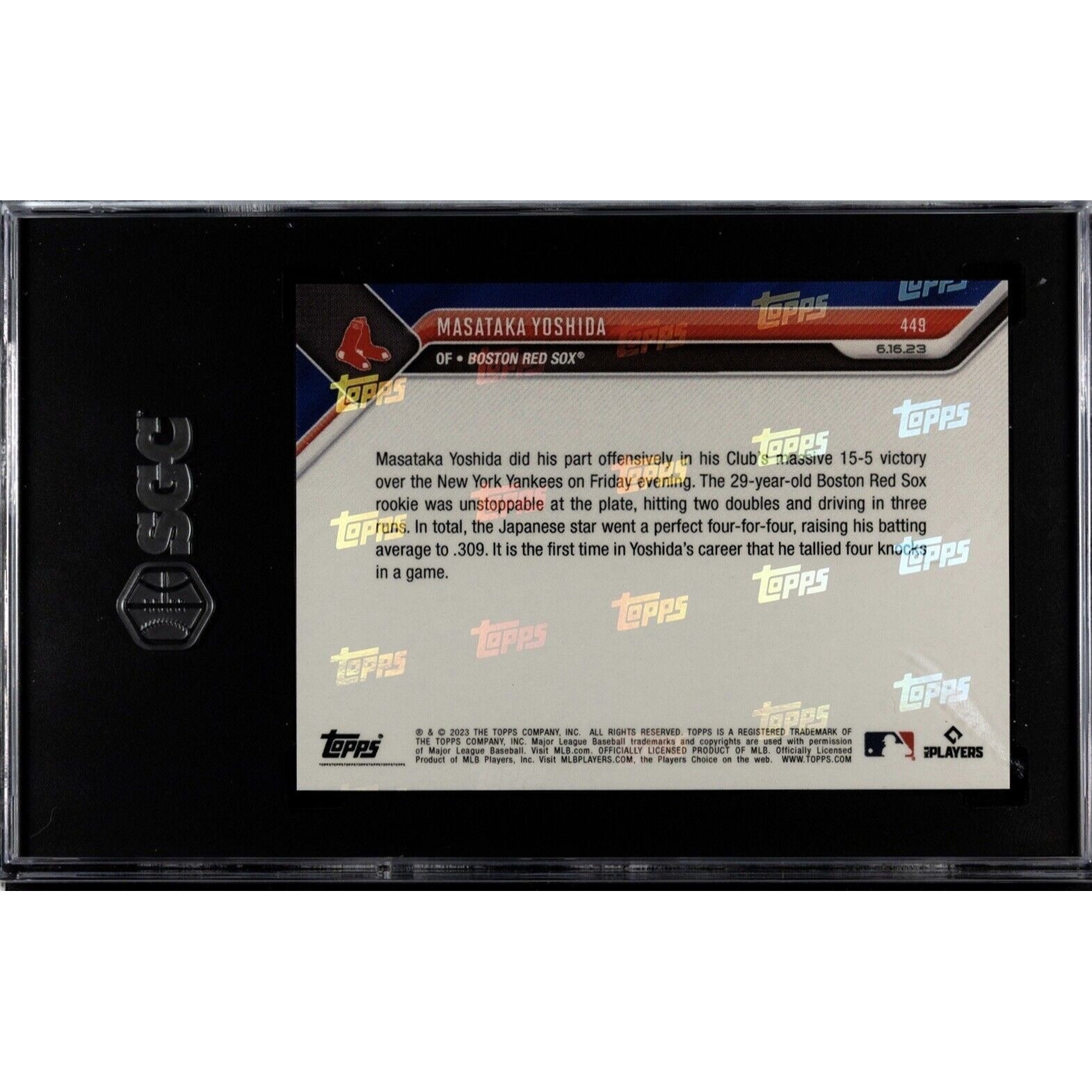 Limited Edition 2023 Topps Now Masataka Yoshida Boston Red Sox Rookie Card back view in protective case