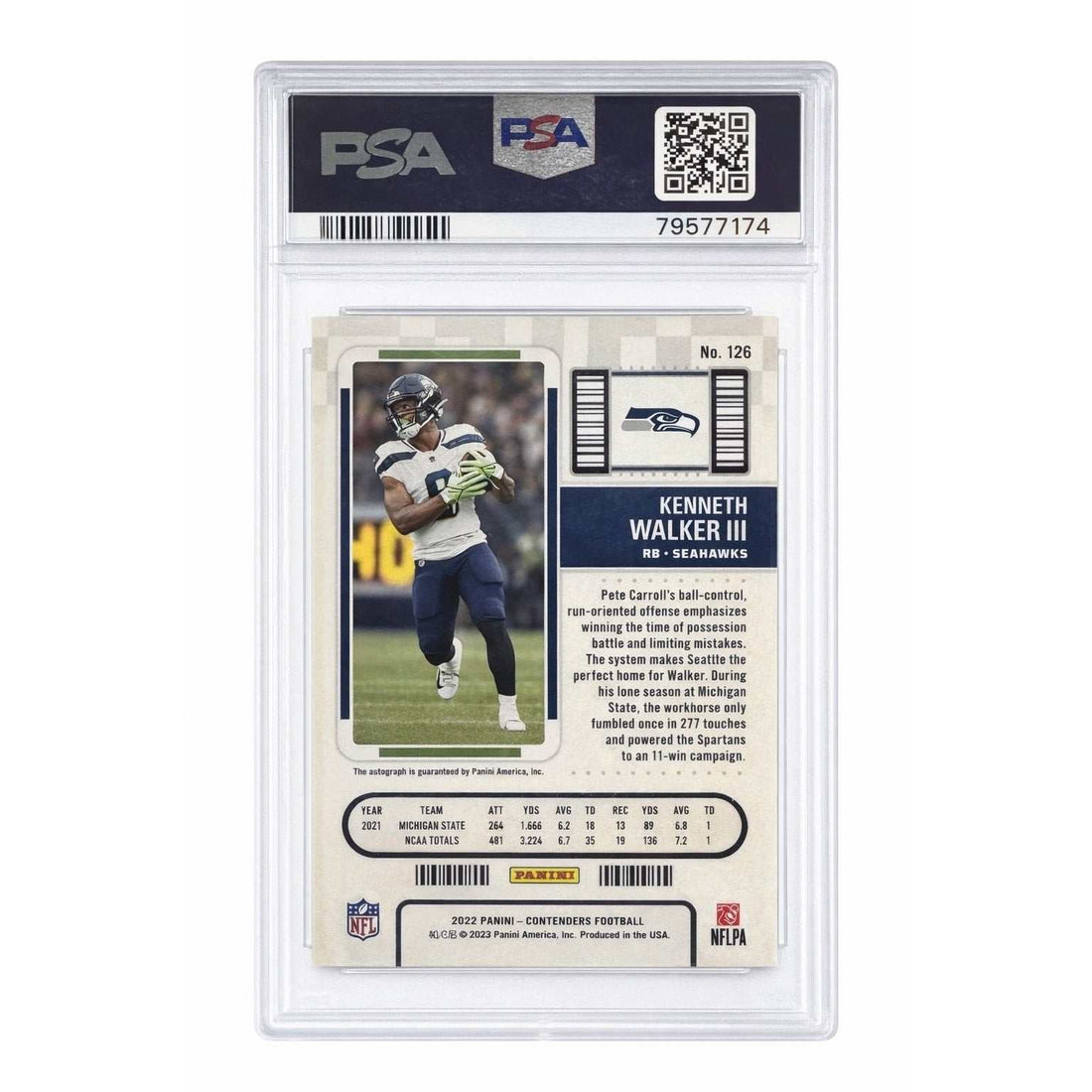 Kenneth Walker III RC 2022 Panini Contenders Playoff Ticket Auto PSA 9 Seahawks