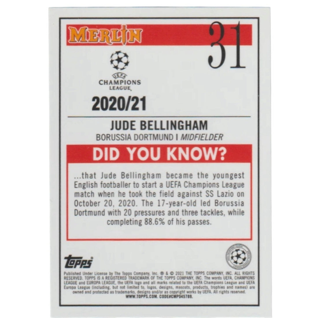Jude Bellingham RC 2020-21 Topps Merlin UEFA Champions League #31