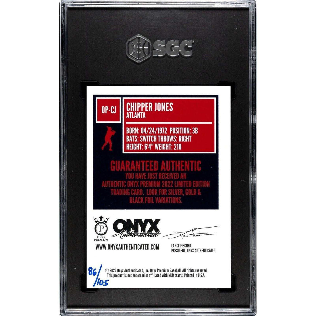 2022 Onyx Premium Silver Foil auto Chipper Jones trading card graded SGC 9 with autograph and number 86/105