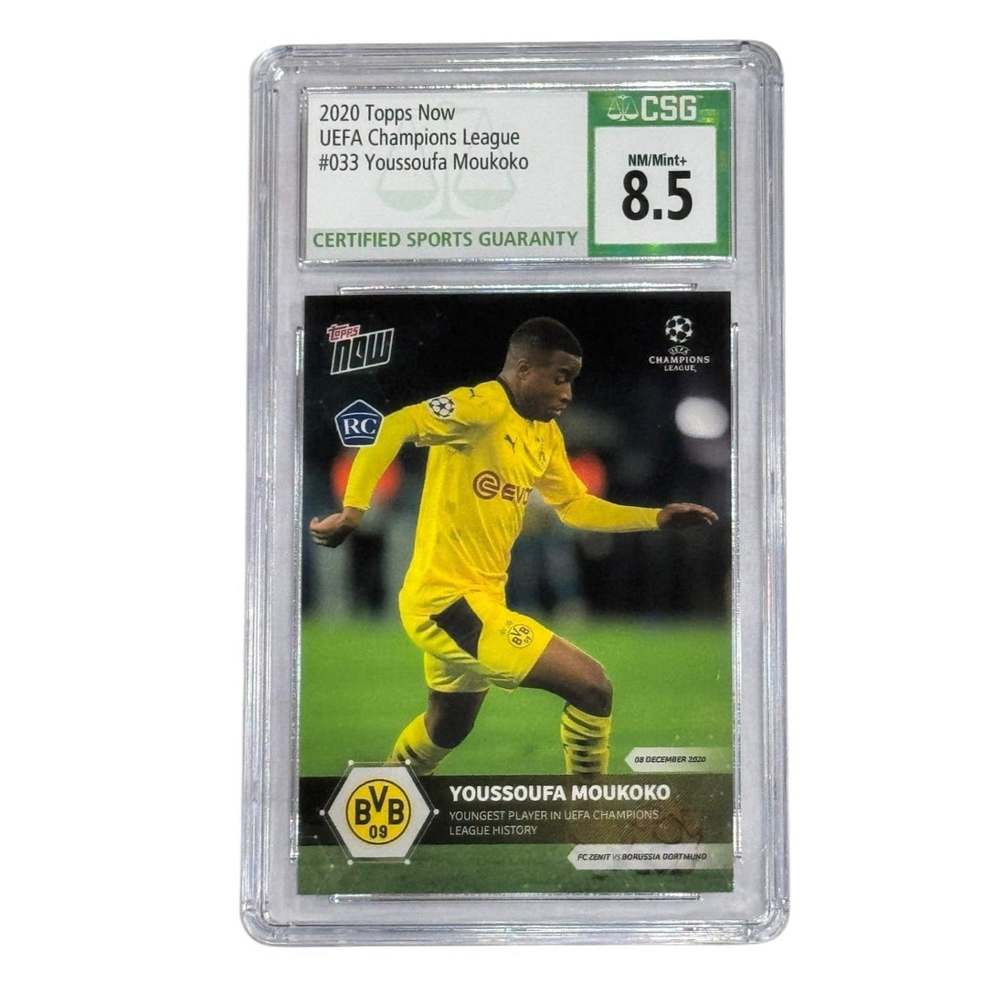 Youssoufa Moukoko 2020 Topps Now UCL rookie card graded CSG 8.5 in protective case