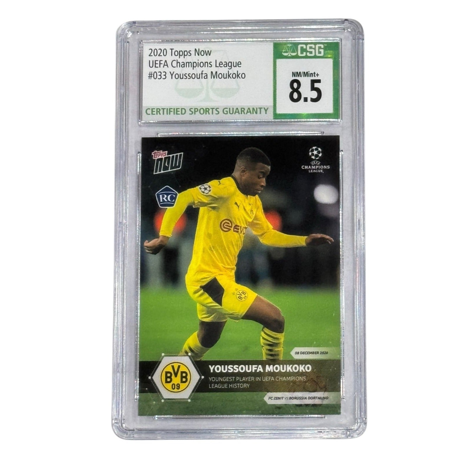 Youssoufa Moukoko 2020 Topps Now UCL rookie card graded CSG 8.5 in protective case