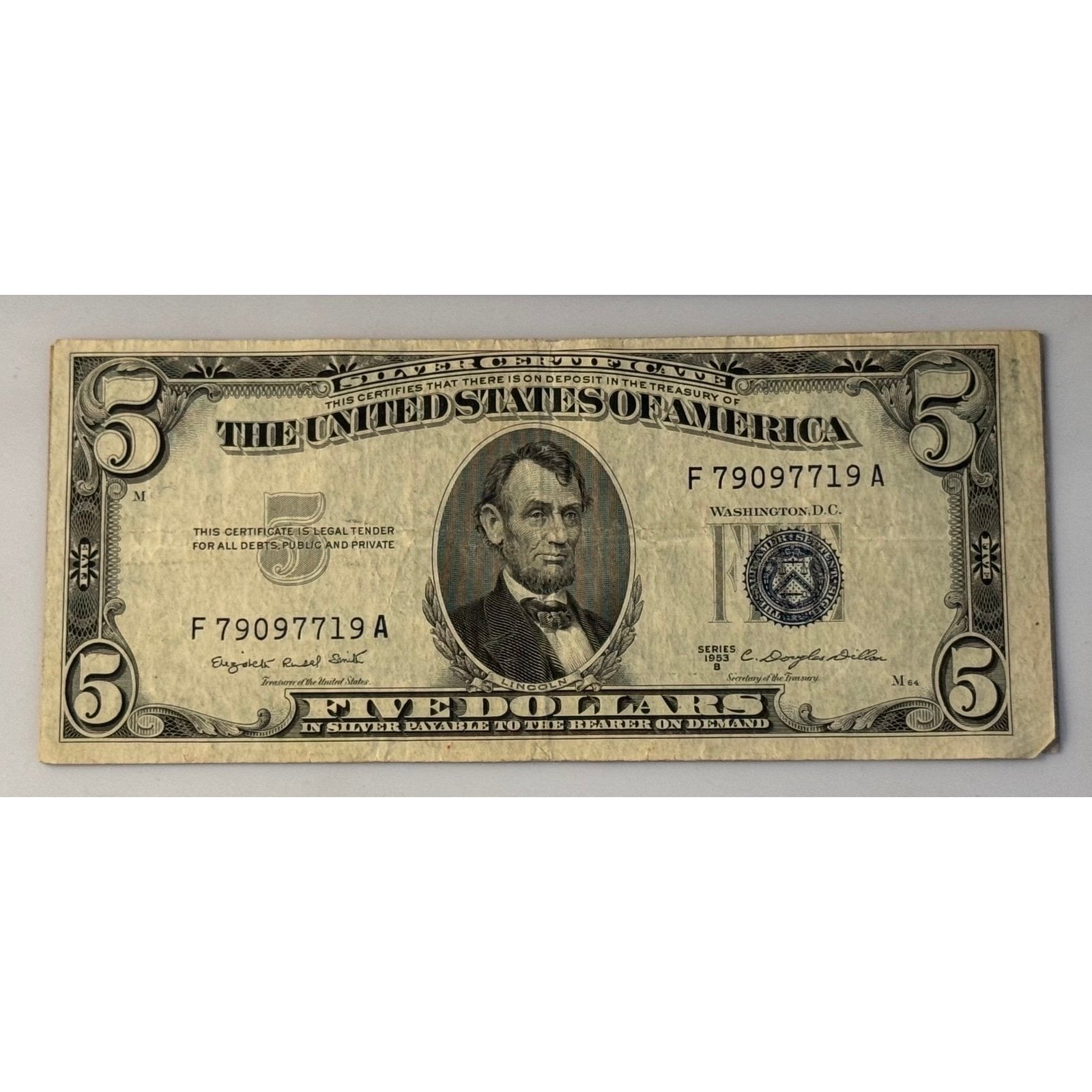 **1953**! B $5 Silver Certificate Blue Seal Smith Dillon Circulated **US Note**!