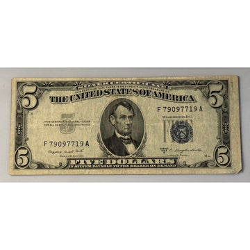 **1953**! B $5 Silver Certificate Blue Seal Smith Dillon Circulated **US Note**!