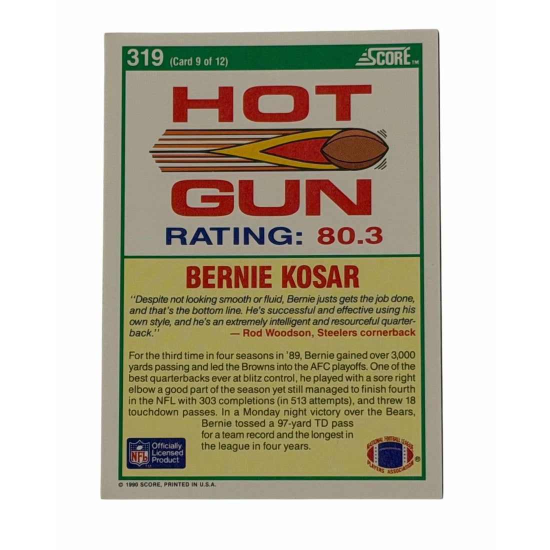 Vintage Bernie Kosar NFL Cleveland Browns Vintage Bernie Kosar NFL Cleveland Browns Hot Gun 1990 Score 319