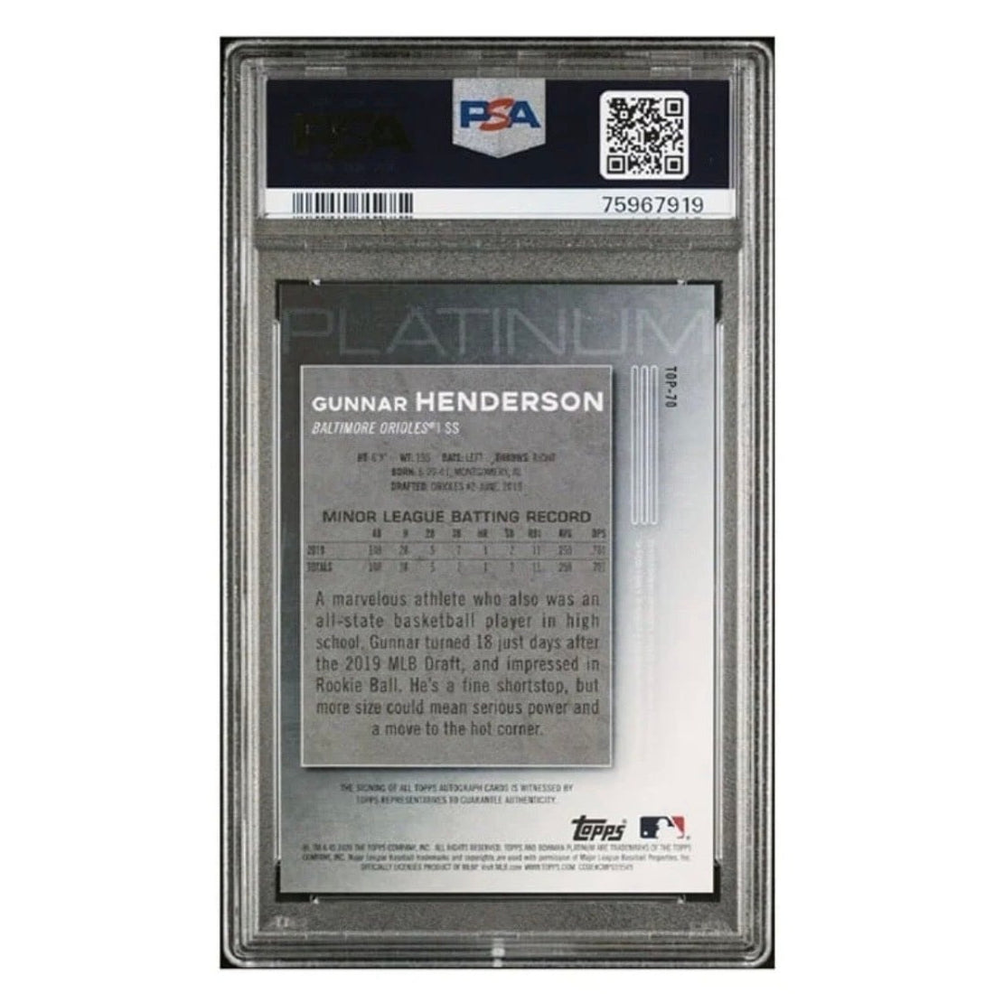 Gunnar Henderson RC Auto 2020 Bowman Platinum TOP70 PSA 10 MLB Orioles