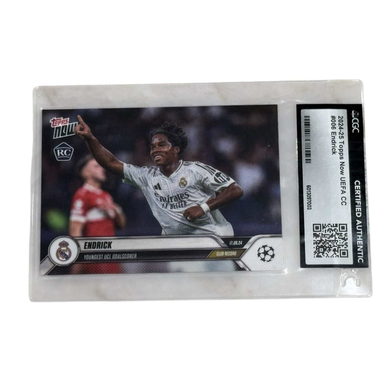 Endrick RC 2024 Topps Now UEFA Rookie CGC certified authentic card showing youngest Champions League goalscorer in Real Madrid jersey