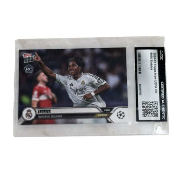 Endrick RC 2024 Topps Now UEFA Rookie CGC certified authentic card showing youngest Champions League goalscorer in Real Madrid jersey