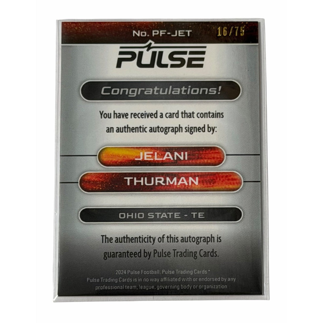 Jelani Thurman 2024 Pulse Premiere Auto Red /75 Ohio State Buckeyes TE NM