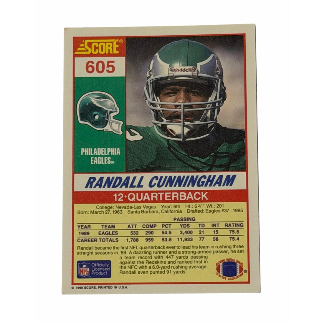 Vintage Randall Cunningham NFL Philadelphia Eagles Vintage Randall Cunningham NFL Philadelphia Eagles 1990 Score 605 Card