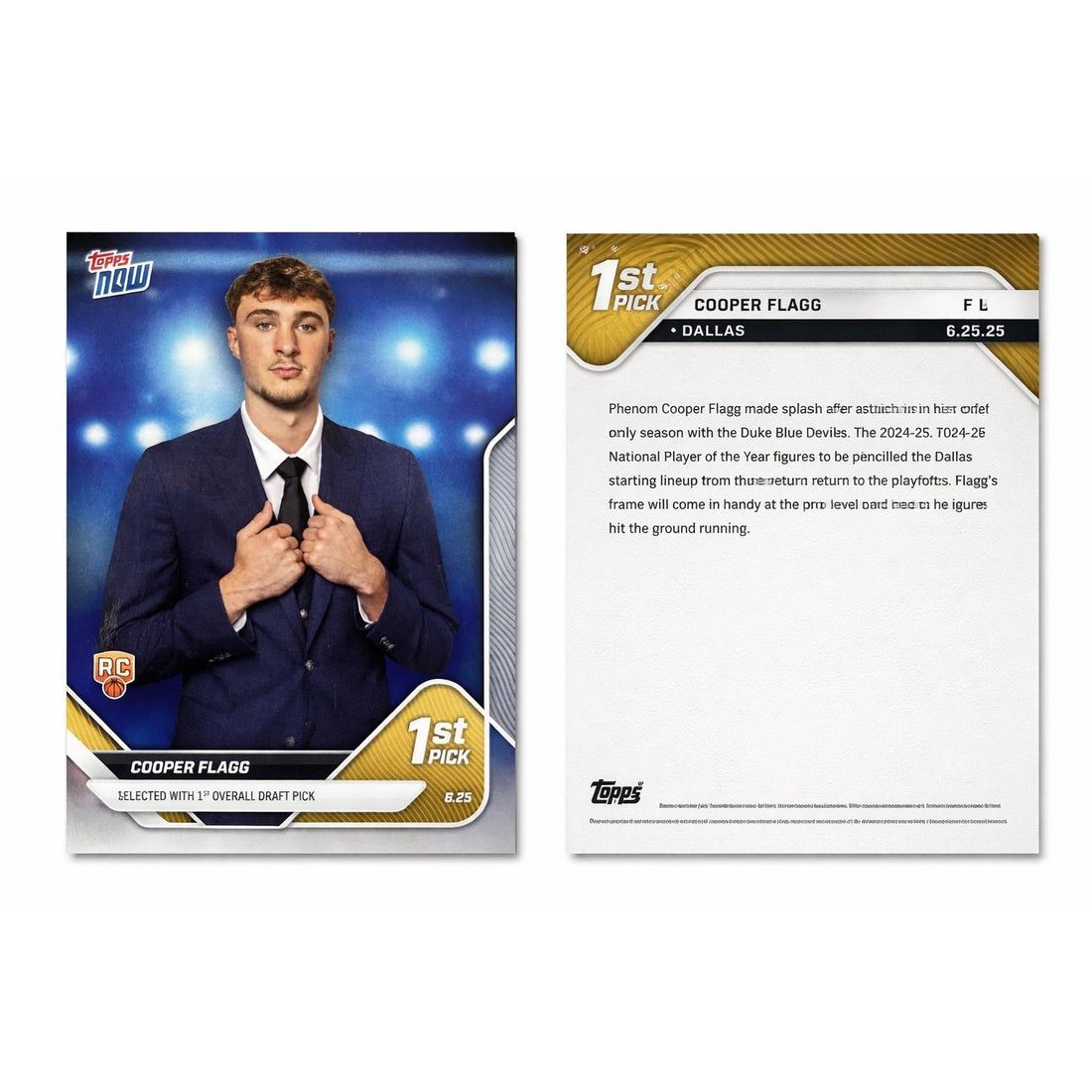 Cooper Flagg RC 2025 Topps Now NBA #6 1st Pick Dallas Mavericks Rookie