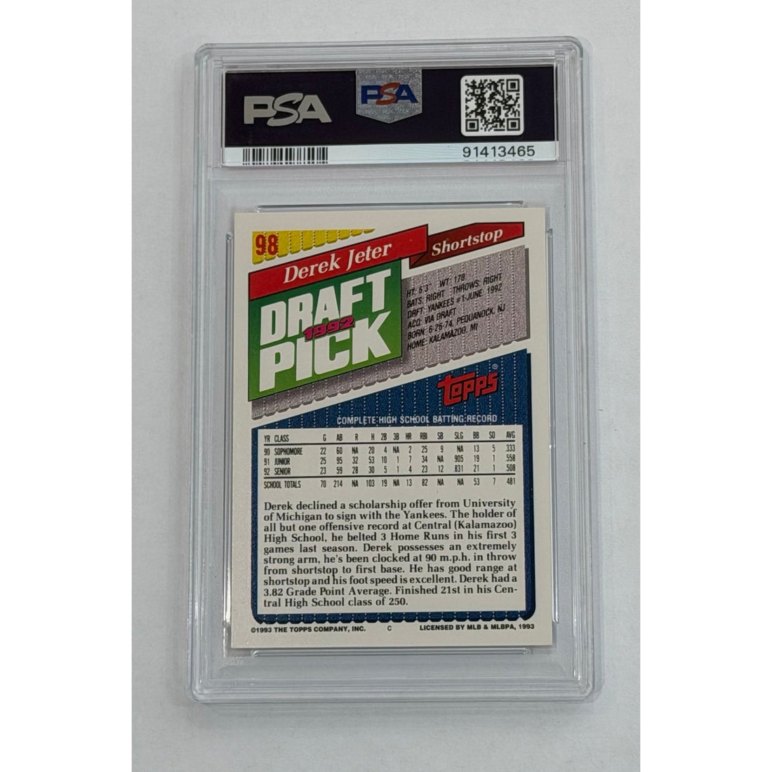 Derek Jeter RC 1993 Topps Draft Pick #98 PSA 9 Yankees HOF Rookie