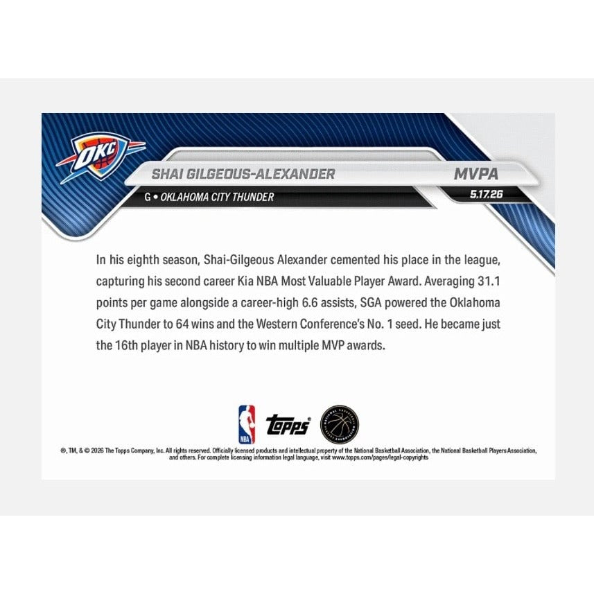 LIMITED PR Shai Gilgeous-Alexander 2025-26 NBA Topps NOW® Card MVPA 2X MVP OKC