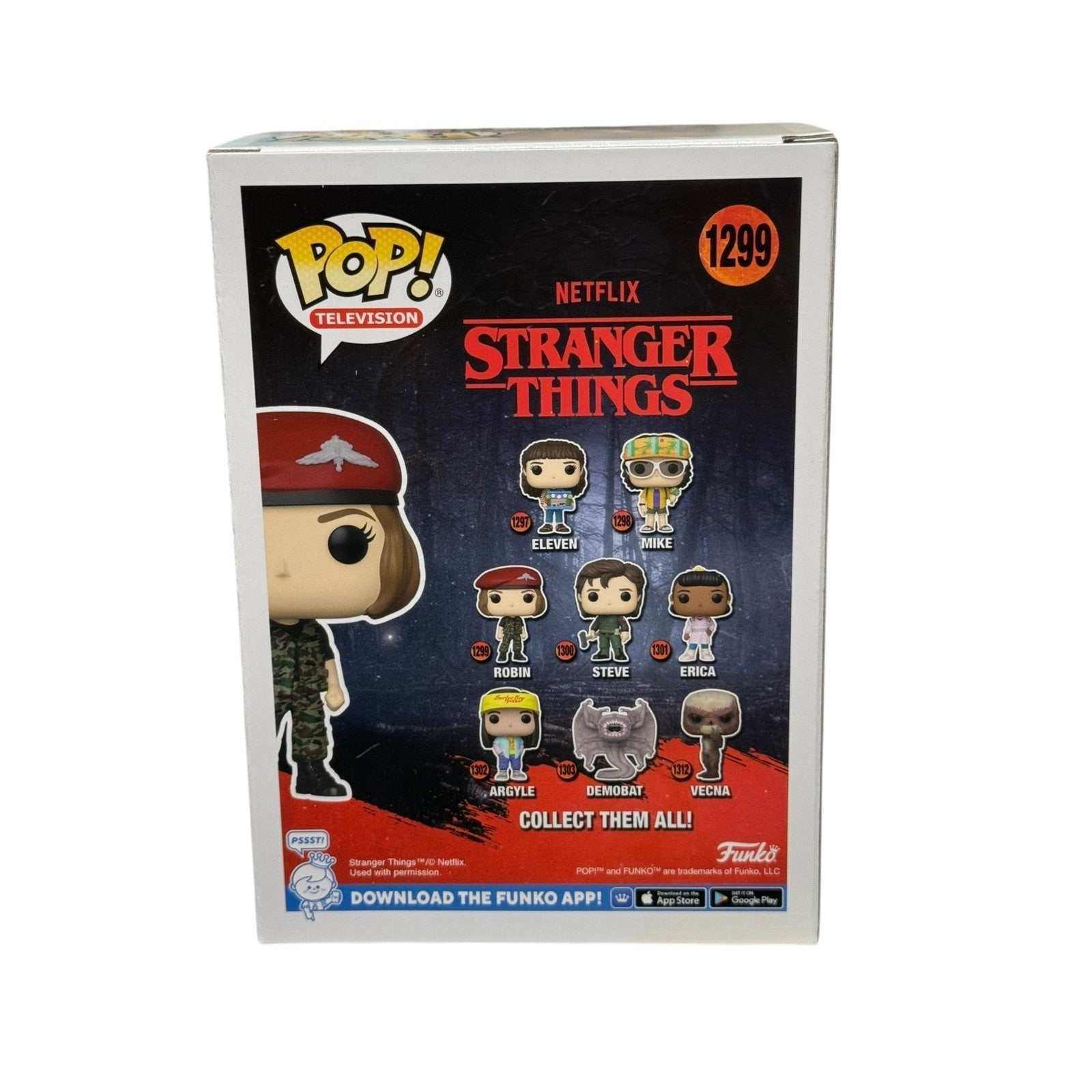 Robin Funko Pop 1299 Stranger Things collectible figure in camo outfit box display