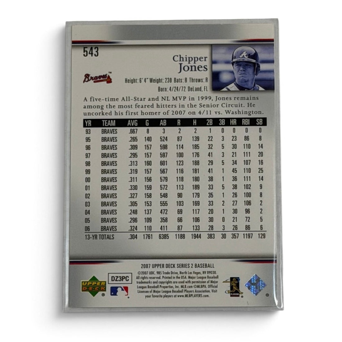 2007 Upper Deck Chipper Jones #543 Atlanta Braves MLB HOF Baseball Card