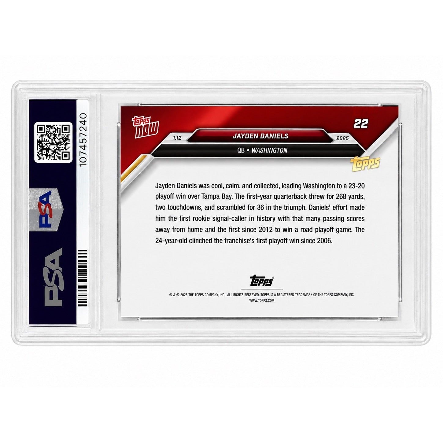 Jayden Daniels Topps NOW Jayden Daniels RC PSA 9 2024 Topps NOW 22 NFL Washington Playoff Victory