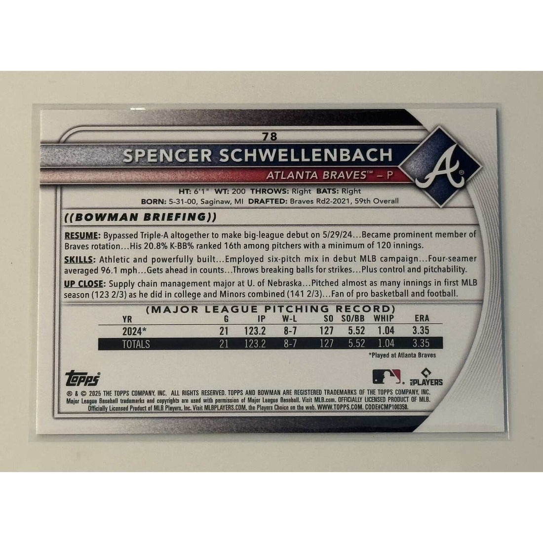 2025 Bowman Spencer Schwellenbach Rookie MLB Atlanta Braves baseball card near mint condition