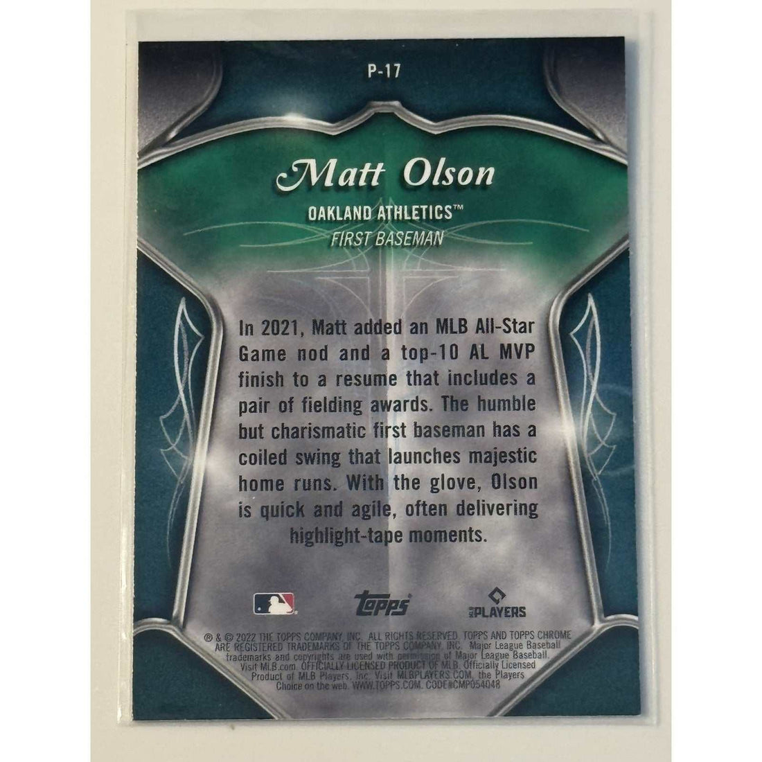 2022 Topps Chrome Matt Olson Oakland Athletics baseball card with holographic finish
