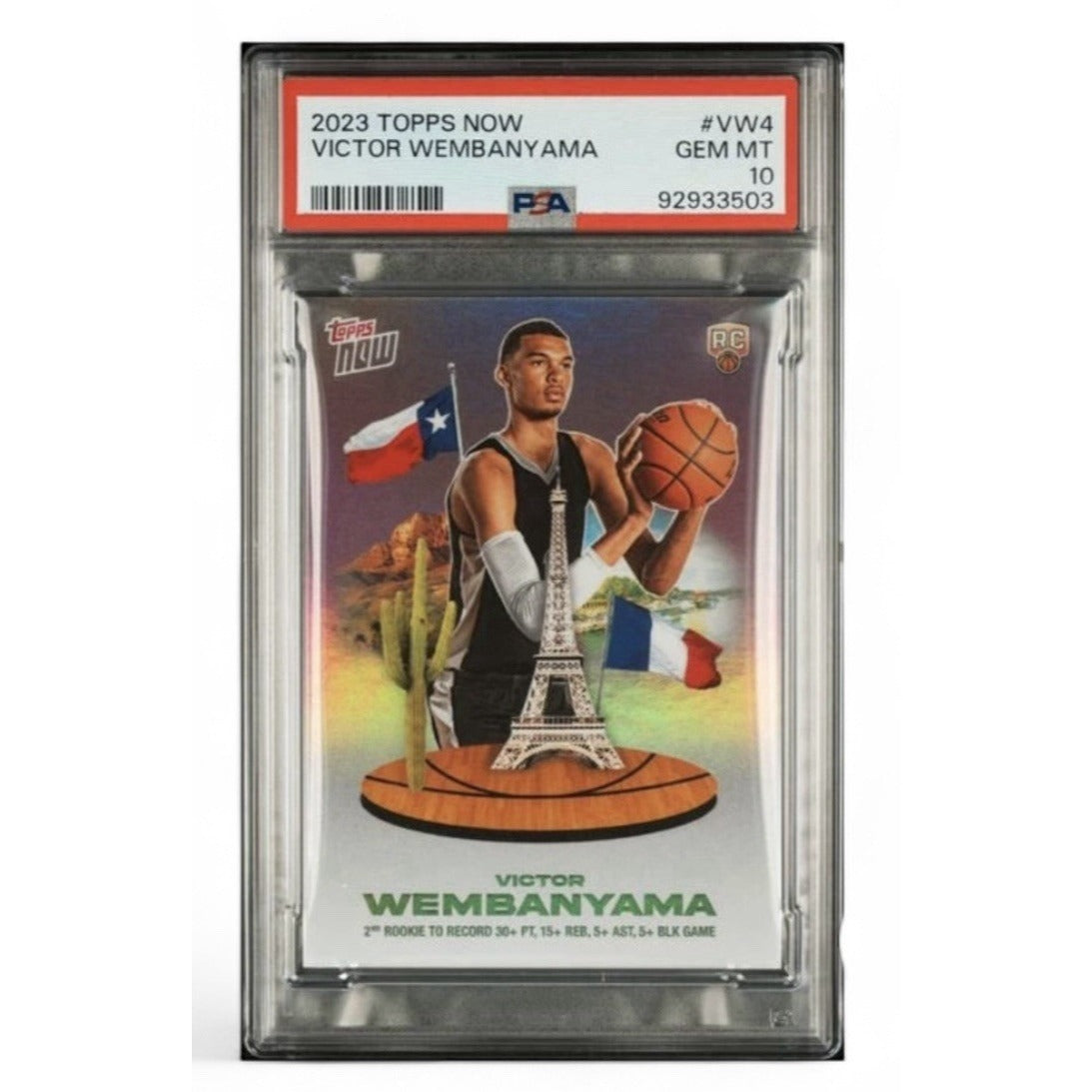 2023 Topps Now Victor Wembanyama Rookie Card PSA 10 GEM MT limited print with Eiffel Tower and flags design