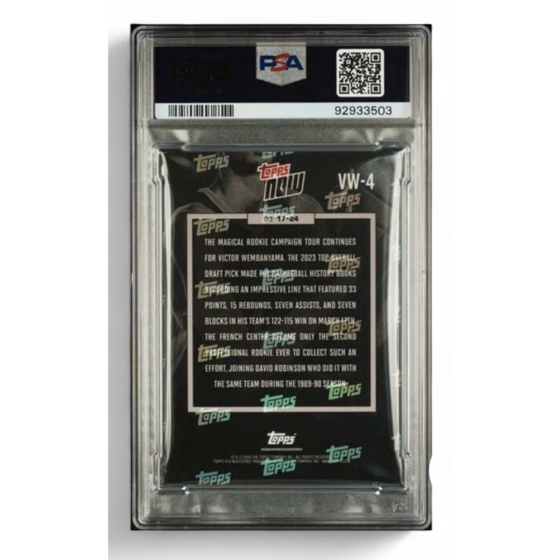 2023 Topps Now Victor Wembanyama RC card PSA 10 GEM MT in protective slab