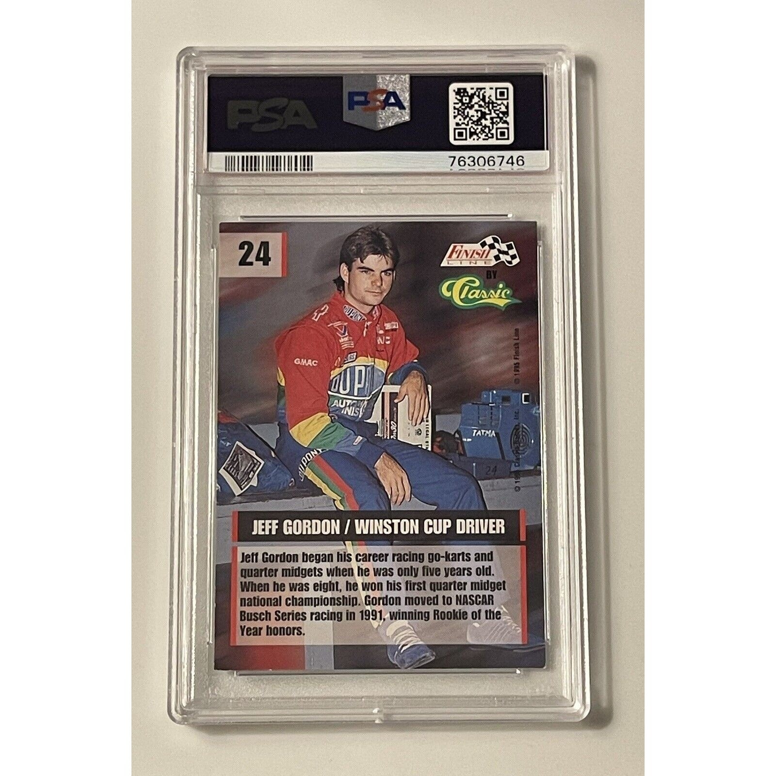Jeff Gordon 1995 Finish Line #24 NASCAR trading card graded PSA 6 with Brooke Sealy Gordon in protective case