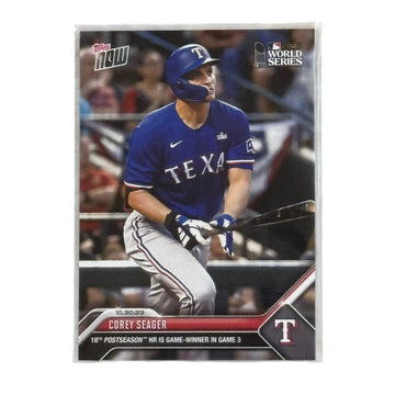 2023 WORLD SERIES Corey Seager Topps NOW Texas Rangers baseball card featuring Game 3 winning home run