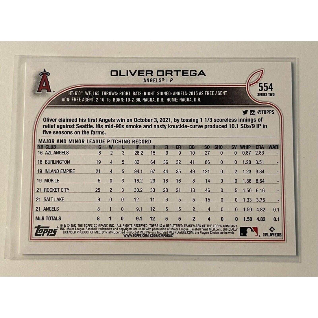 2022 Topps Series 2 Oliver Ortega MLB rookie card Los Angeles Angels