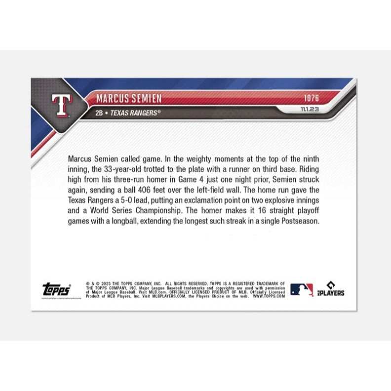 World Series 2023 Marcus Semien MLB Texas Rangers game-winning home run Topps Now card 1076 limited edition Raw Parallel