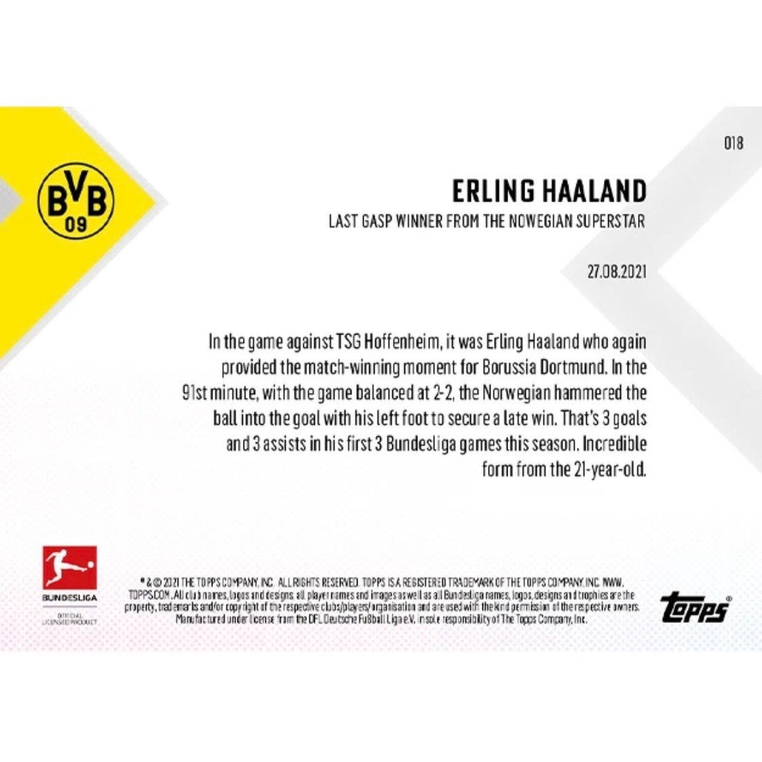 1512 Printed Erling Haaland 2021 Topps NOW Bundesliga #018 BVB NM Dortmund