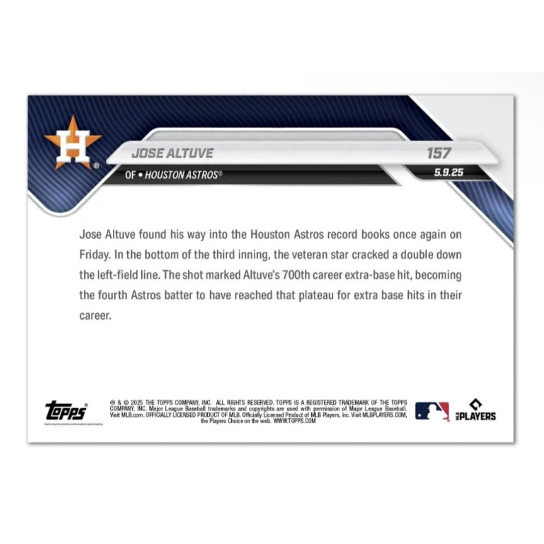 2025 Topps Now Jose Altuve* #157 Collects 700th Career XBH MLB Astros - IN HAND!