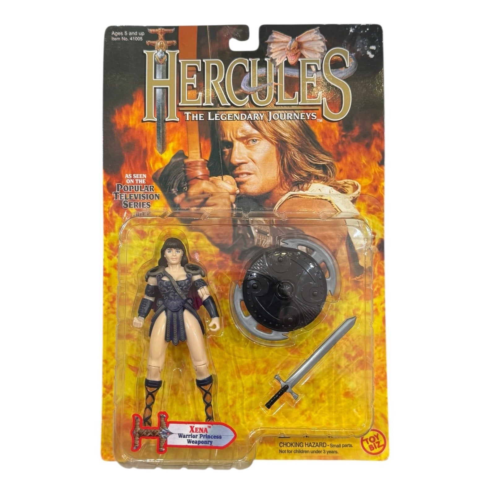 Vintage Toy Biz Xena Warrior Princess action figure with sword and shield from Hercules Legendary Journey in original sealed packaging
