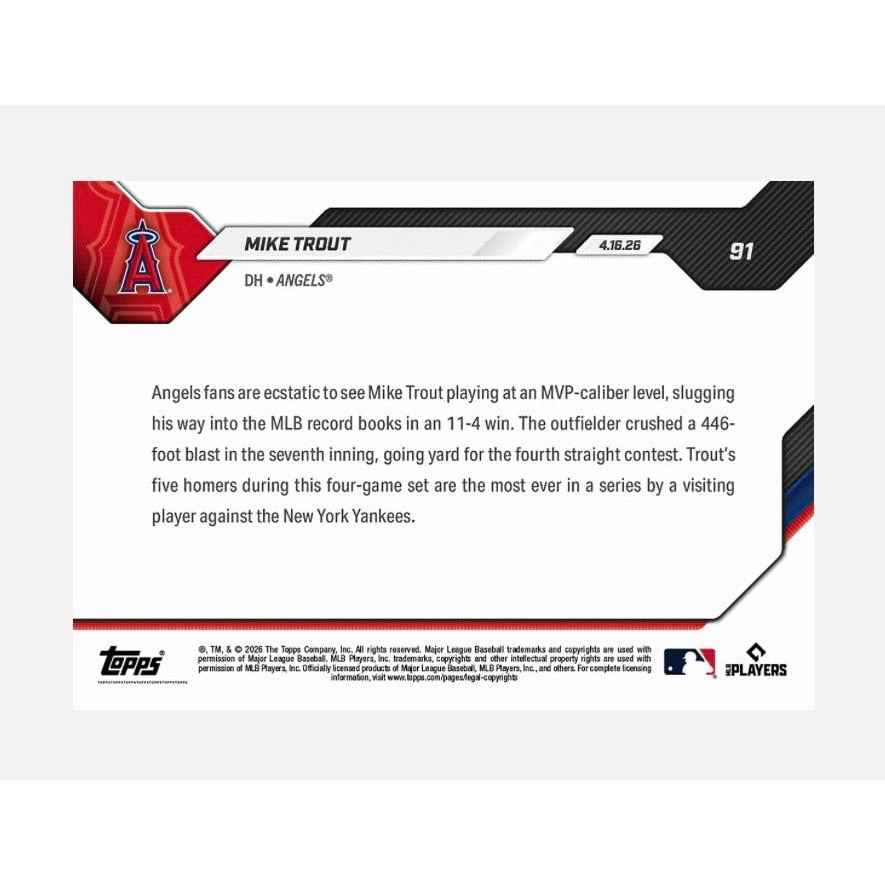 3881 Printed Mike Trout 2026 MLB Topps NOW Card #91 MLB Angels Record HR Series