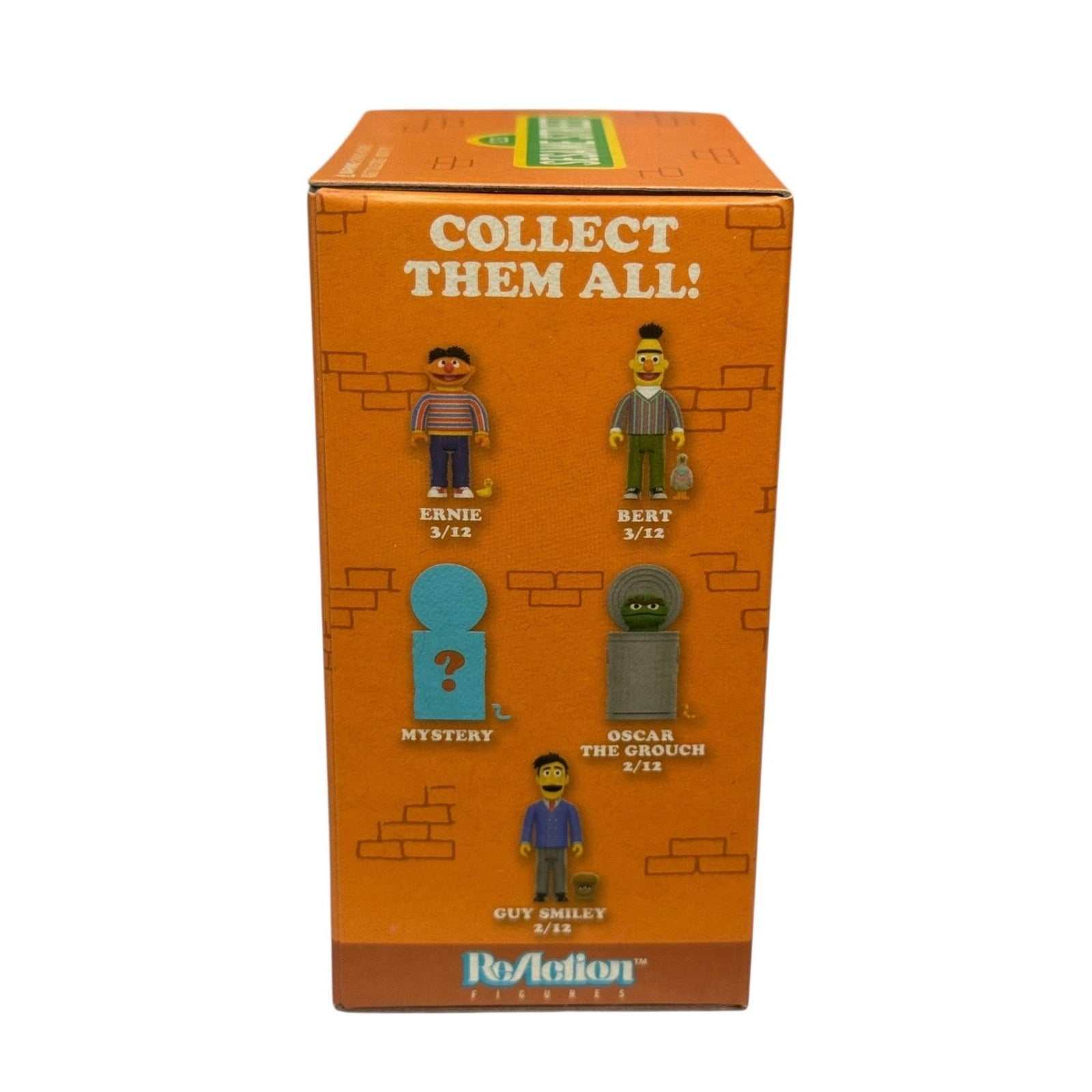 Super7 Sesame Street ReAction blind box mini figure collectible packaging with characters Ernie, Bert, Oscar the Grouch, Guy Smiley, and mystery figure design